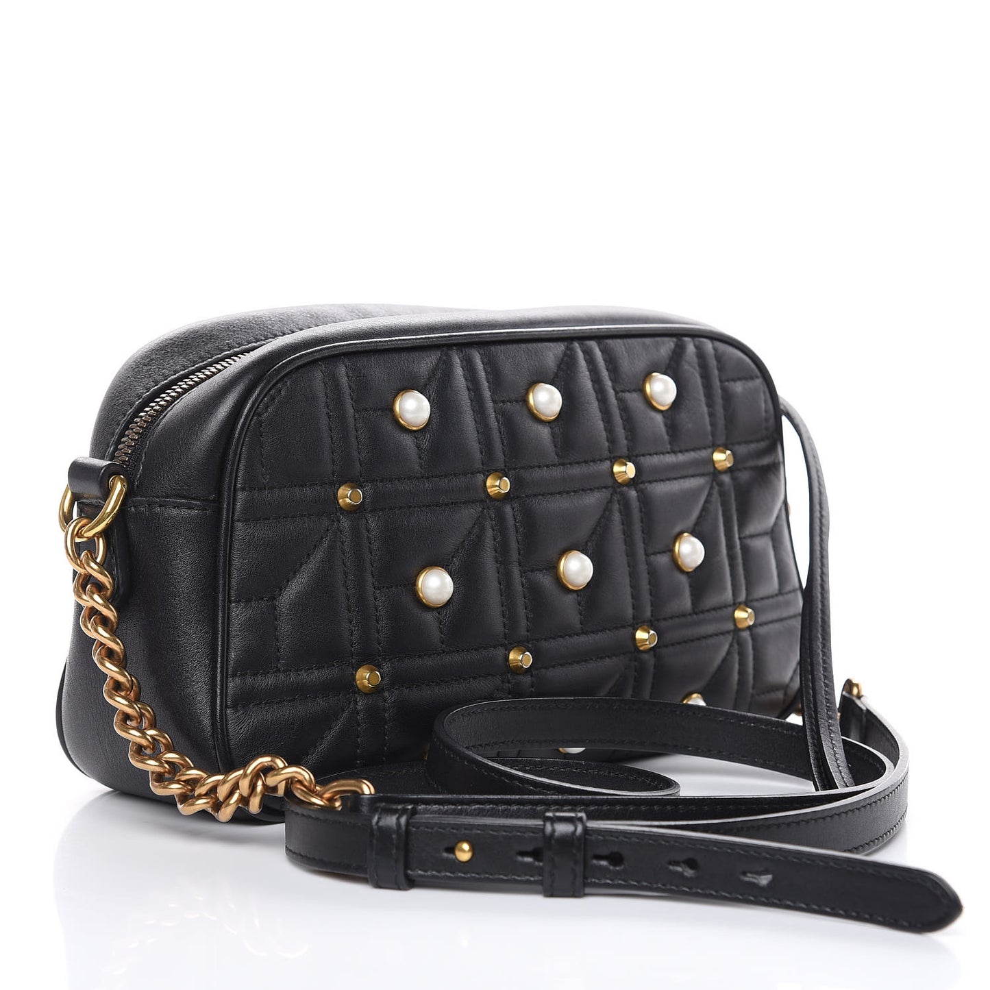 Calfskin Matelasse Studded Small Pearly GG Marmont Chain Shoulder Bag Black