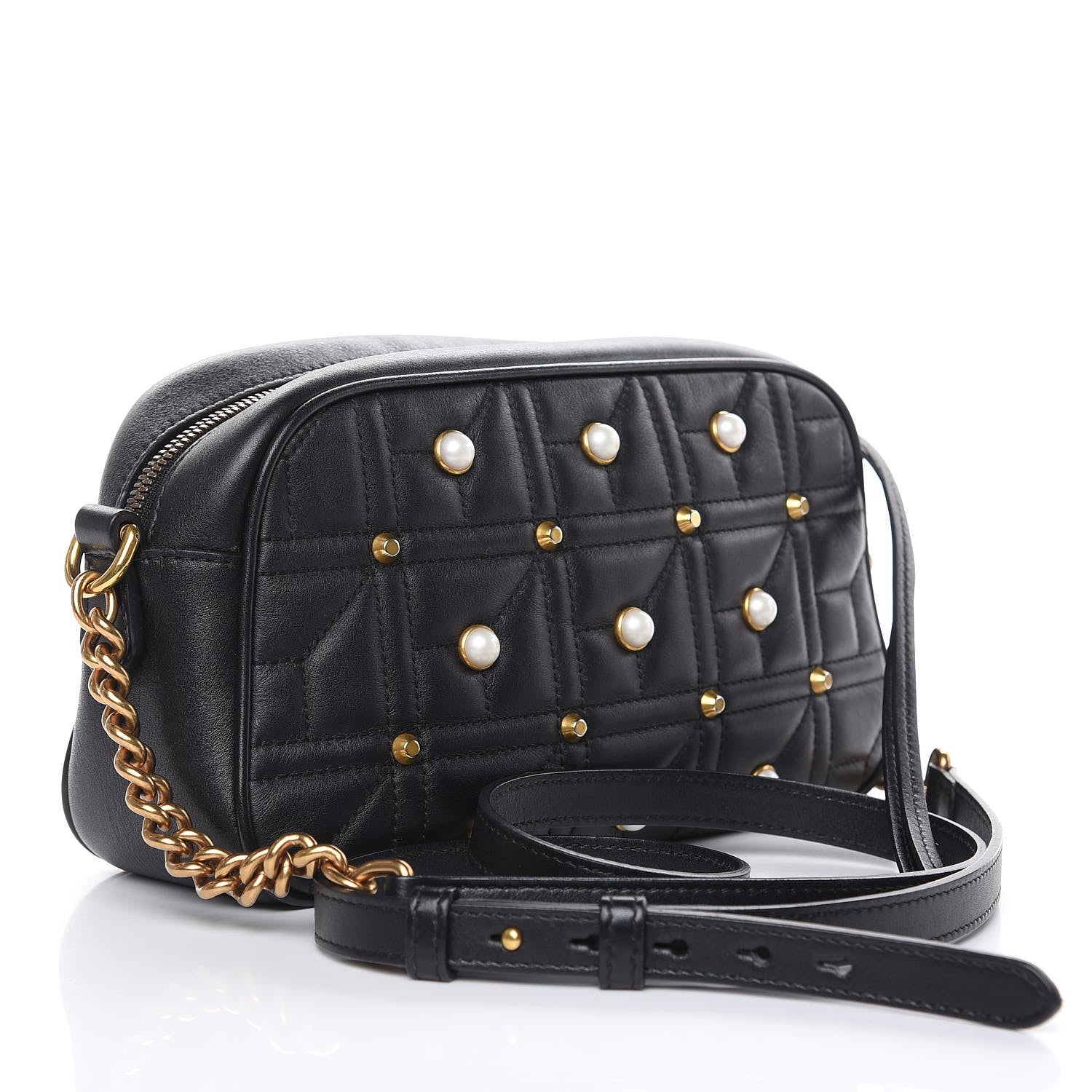 Gucci Calfskin Matelasse Studded Small Pearly GG Marmont Chain Shoulder Bag Black 3 of 15