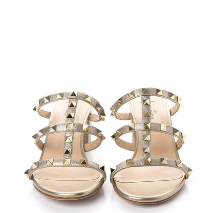 Valentino Garavani Metallic Pebbled Calfskin Rockstud 60mm Caged Slide Sandals 37 Skin 2 of 9