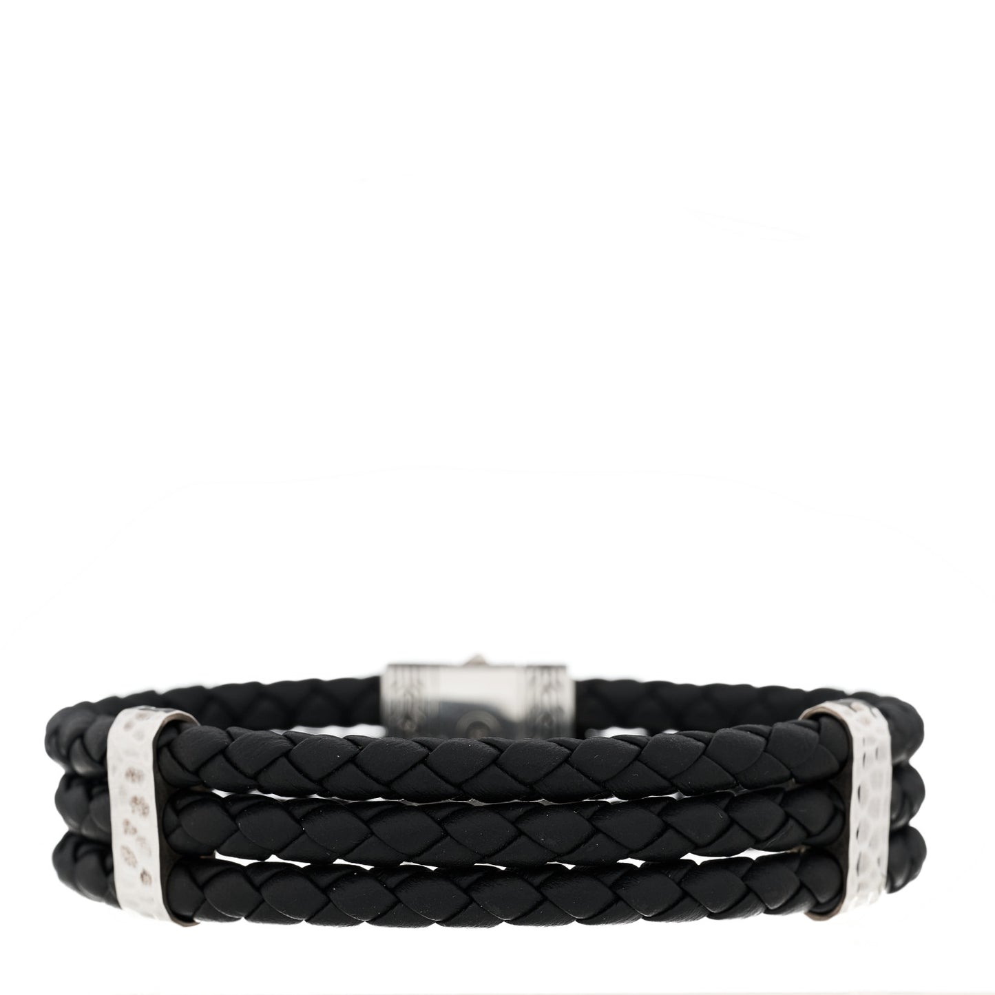 Sterling Silver Leather Three Row Braided Hammered Bracelet Black