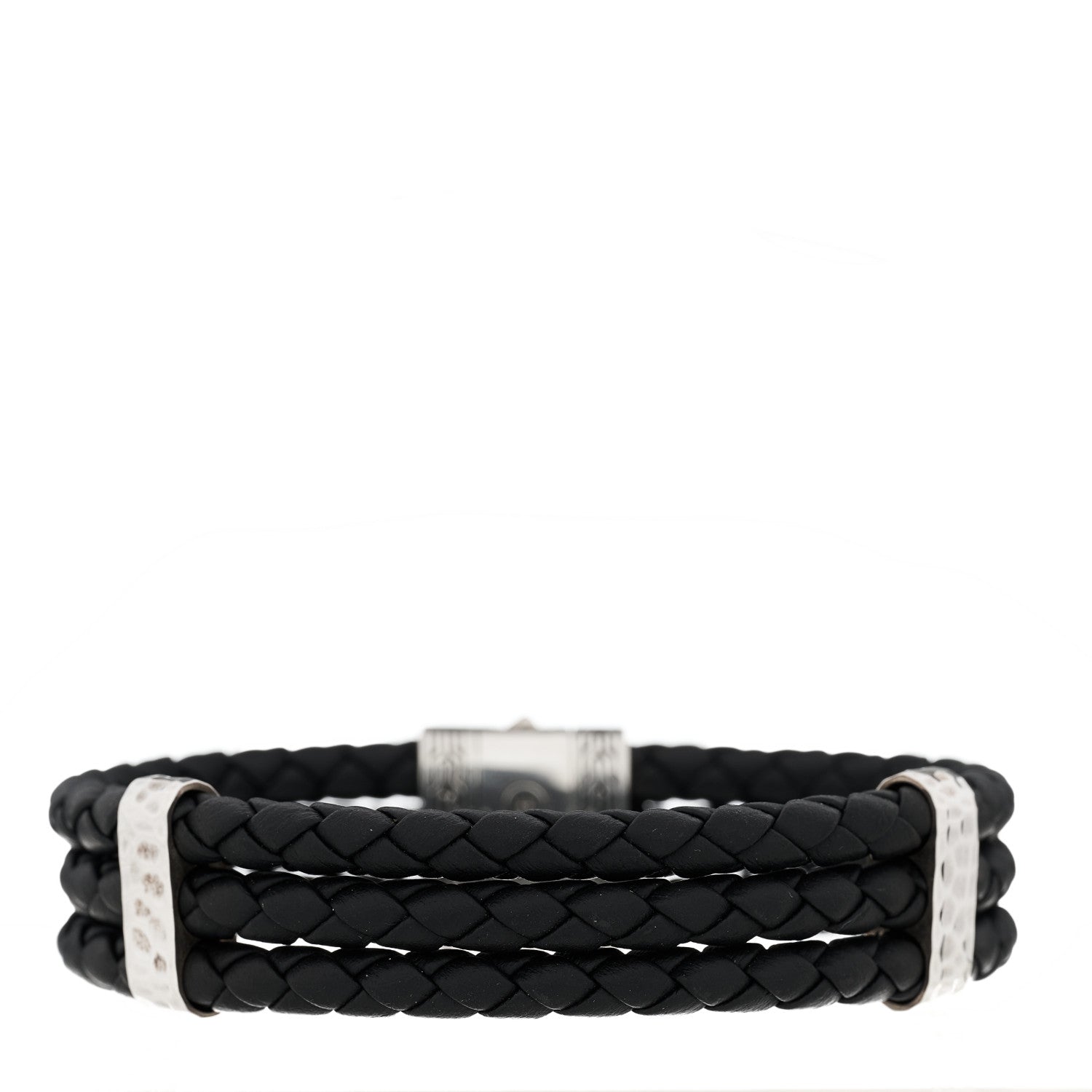 John Hardy Sterling Silver Leather Three Row Braided Hammered Bracelet Black 1 of 5