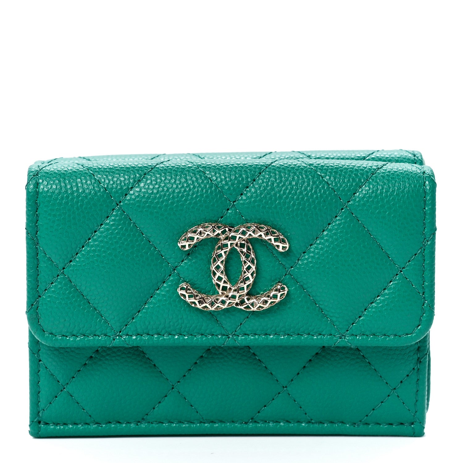 Chanel Caviar Metal Perforated Quilted Small CC Flap Wallet Green 1 of 15
