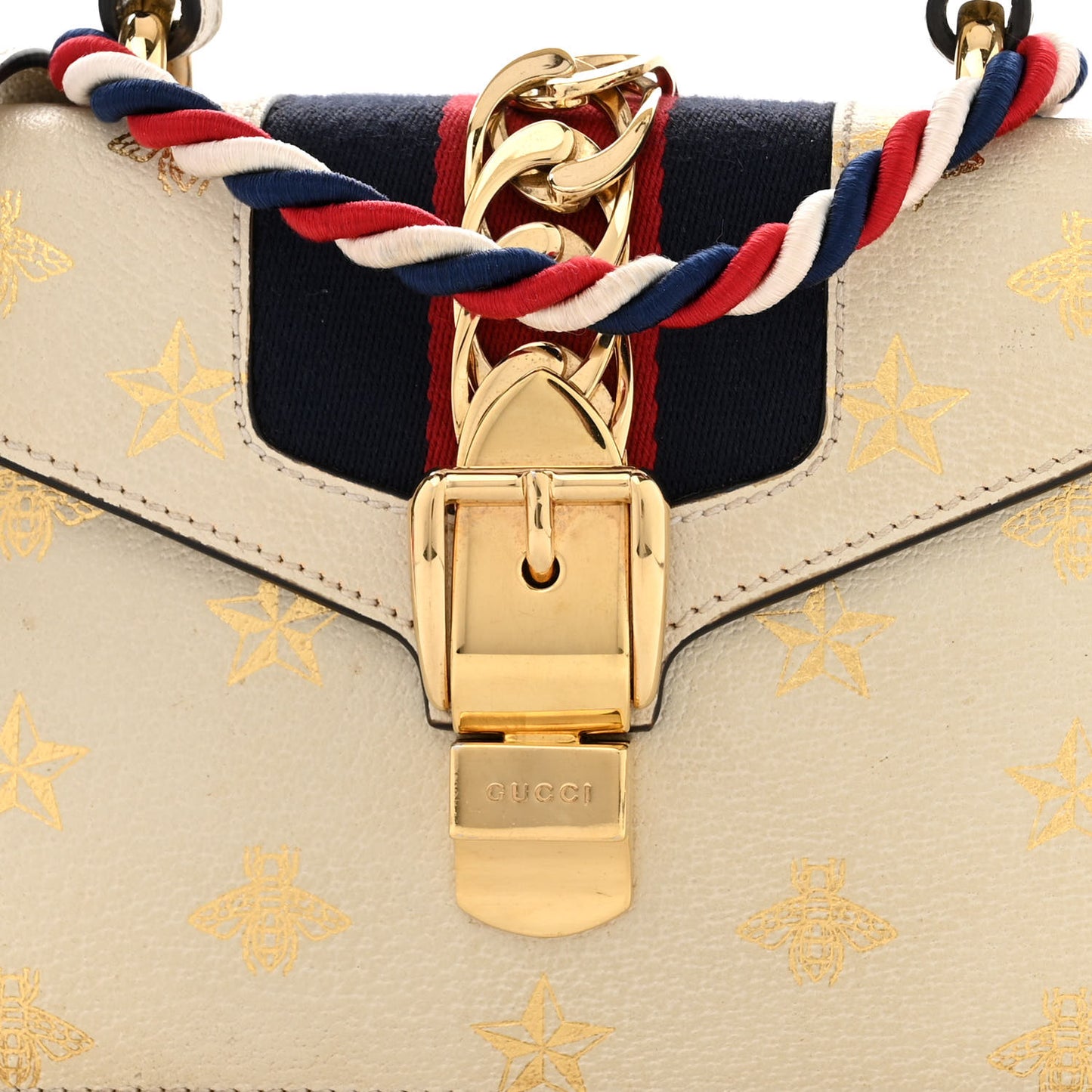 Textured Calfskin Bee Star Print Mini Sylvie Top Handle Bag Mystic White