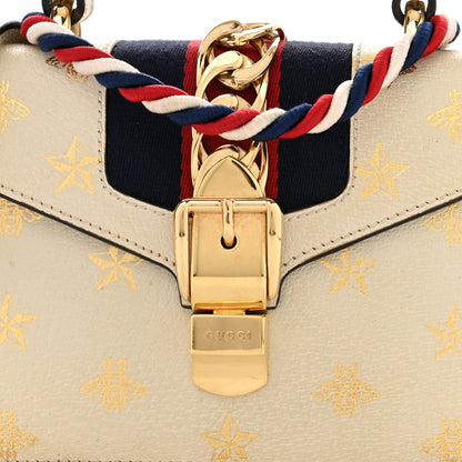 Gucci Textured Calfskin Bee Star Print Mini Sylvie Top Handle Bag Mystic White 8 of 17