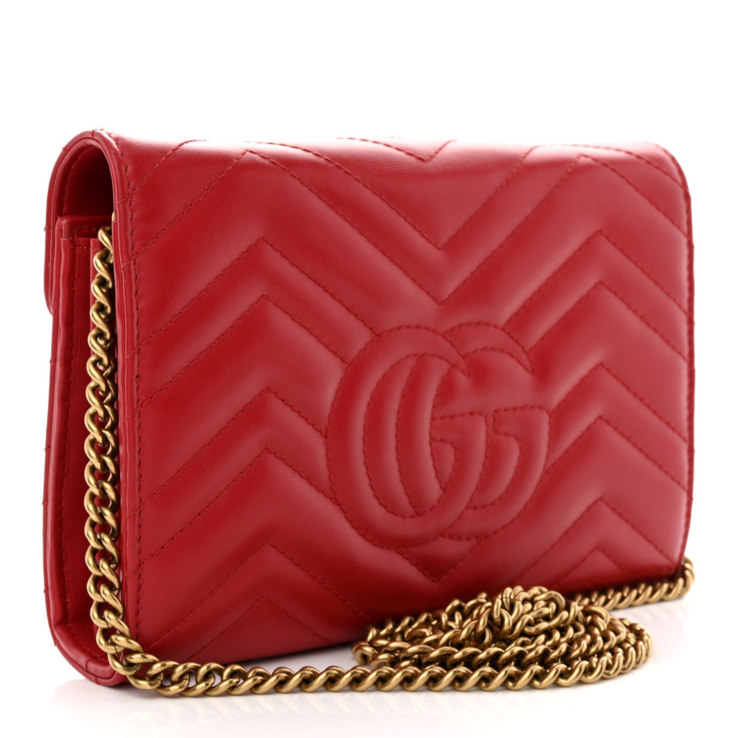 Gucci Calfskin Matelasse GG Marmont Chain Wallet Hibiscus Red 3 of 17