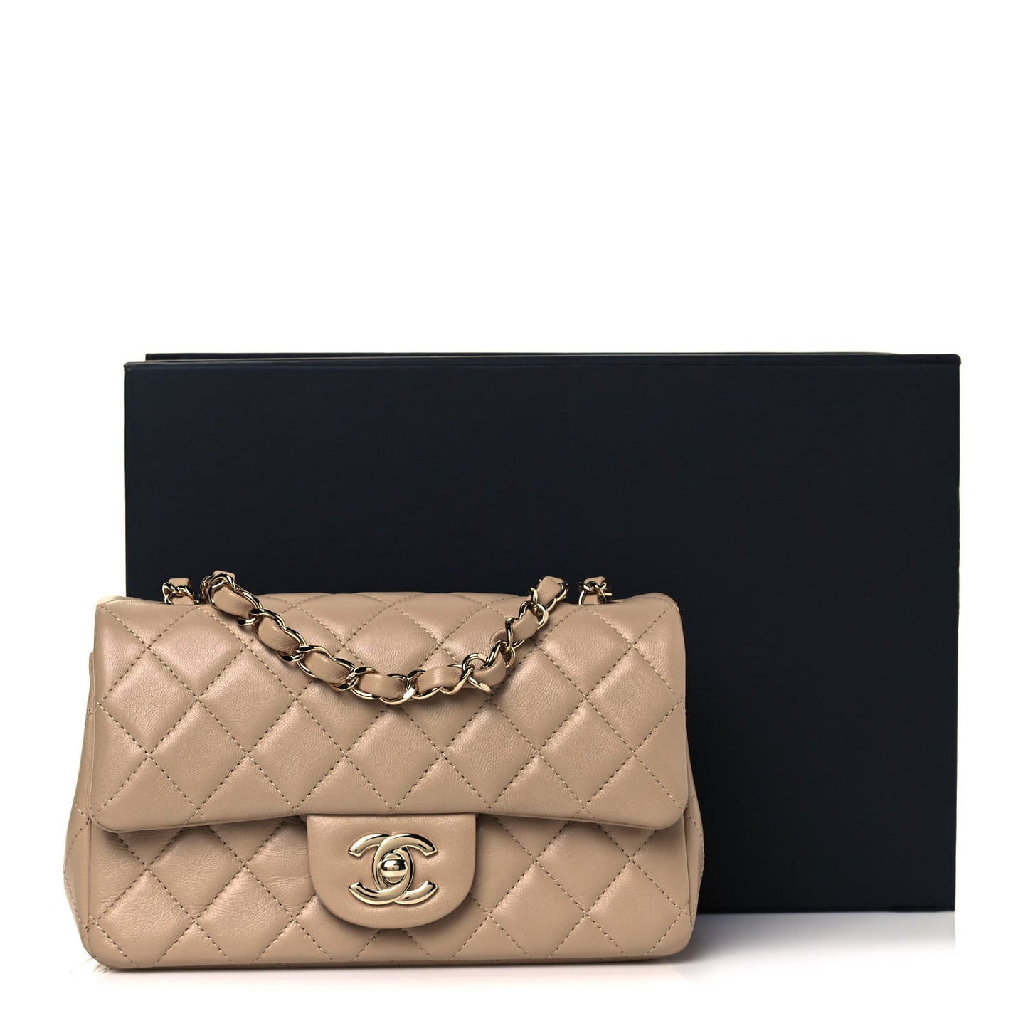 Lambskin Quilted Mini Rectangular Flap Dark Beige