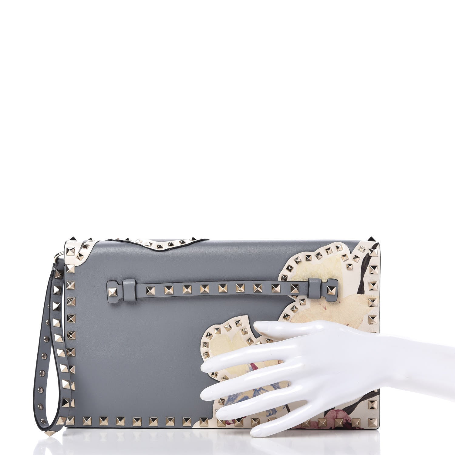 Valentino Garavani Nappa Monogram Kimono 1997 Print Rockstud Wristlet Clutch Grey 2 of 9