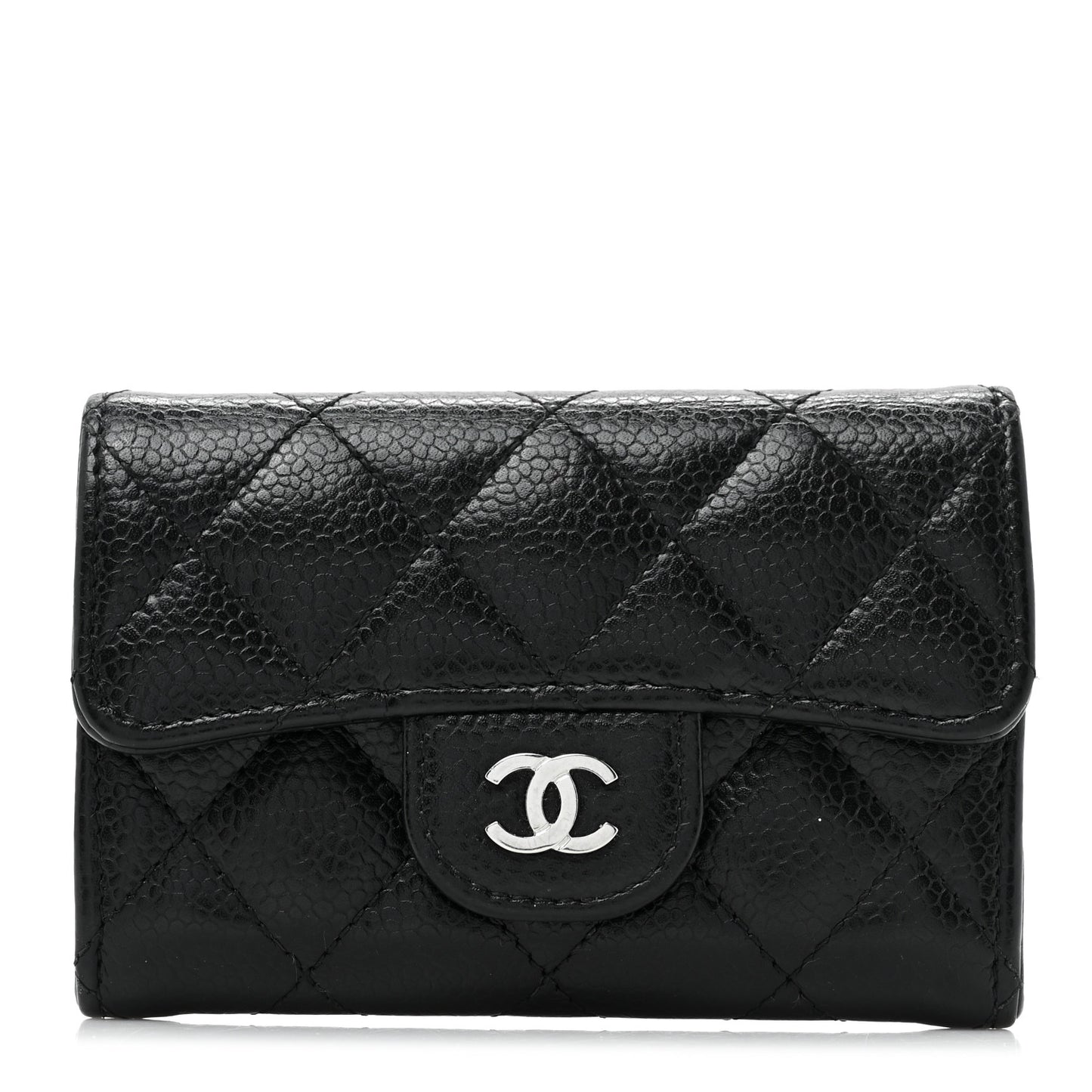 Caviar Quilted Flap Card Holder Wallet Black