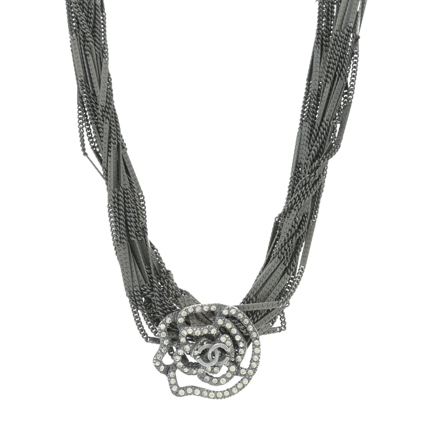 Ruthenium Crystal CC Camellia Multi Strand Necklace Dark Grey