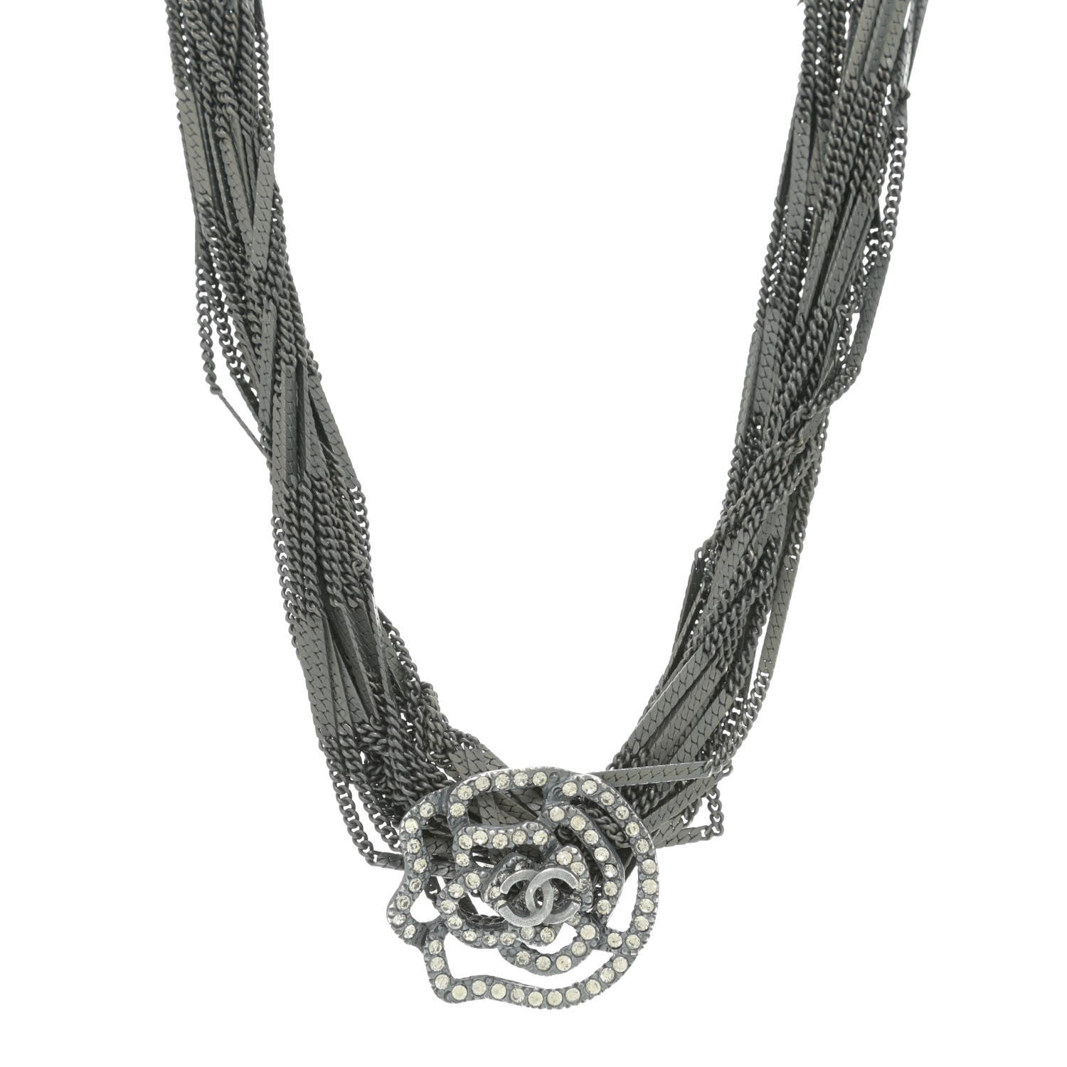 Chanel Ruthenium Crystal CC Camellia Multi Strand Necklace Dark Grey 1 of 5