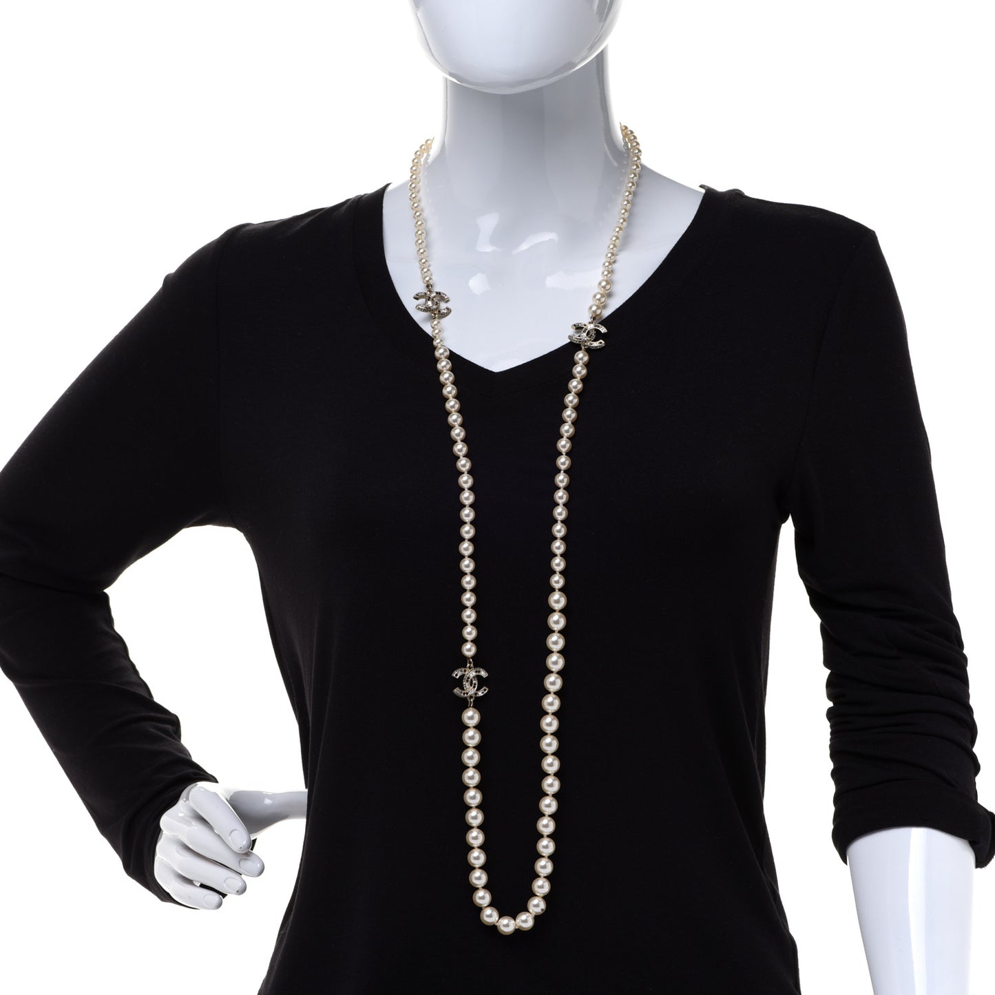 Baguette Crystal Pearl CC Long Necklace Black Gold