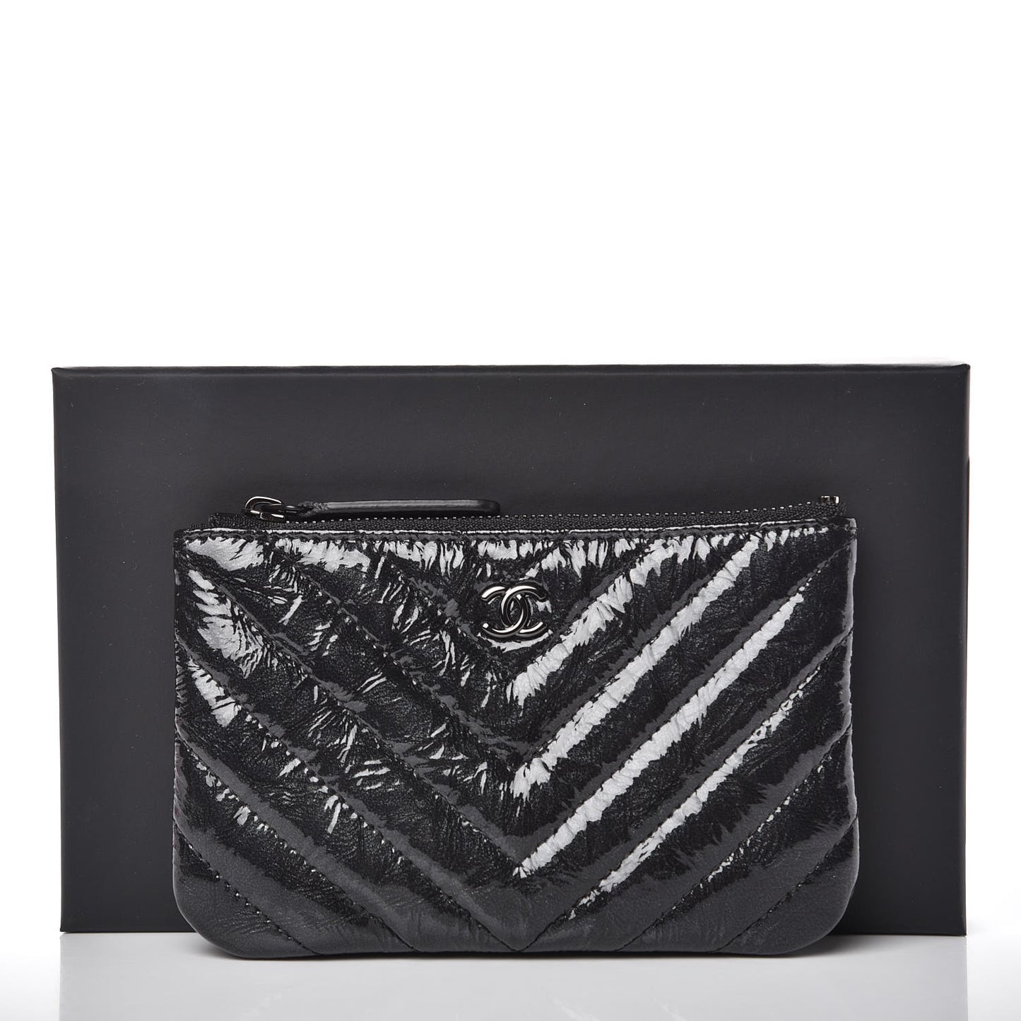 Patent Metallic Crumpled Calfskin Chevron Quilted Cosmetic Case So Black