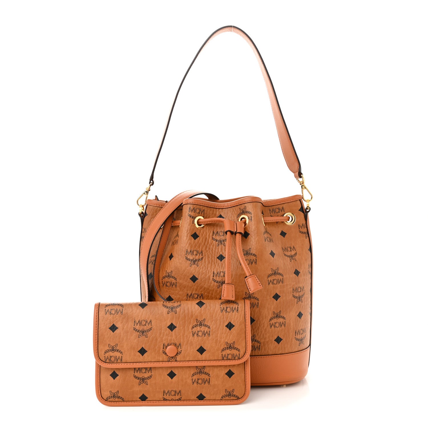 MCM Visetos Medium Dessau Drawstring Bucket Bag Cognac 1 of 13