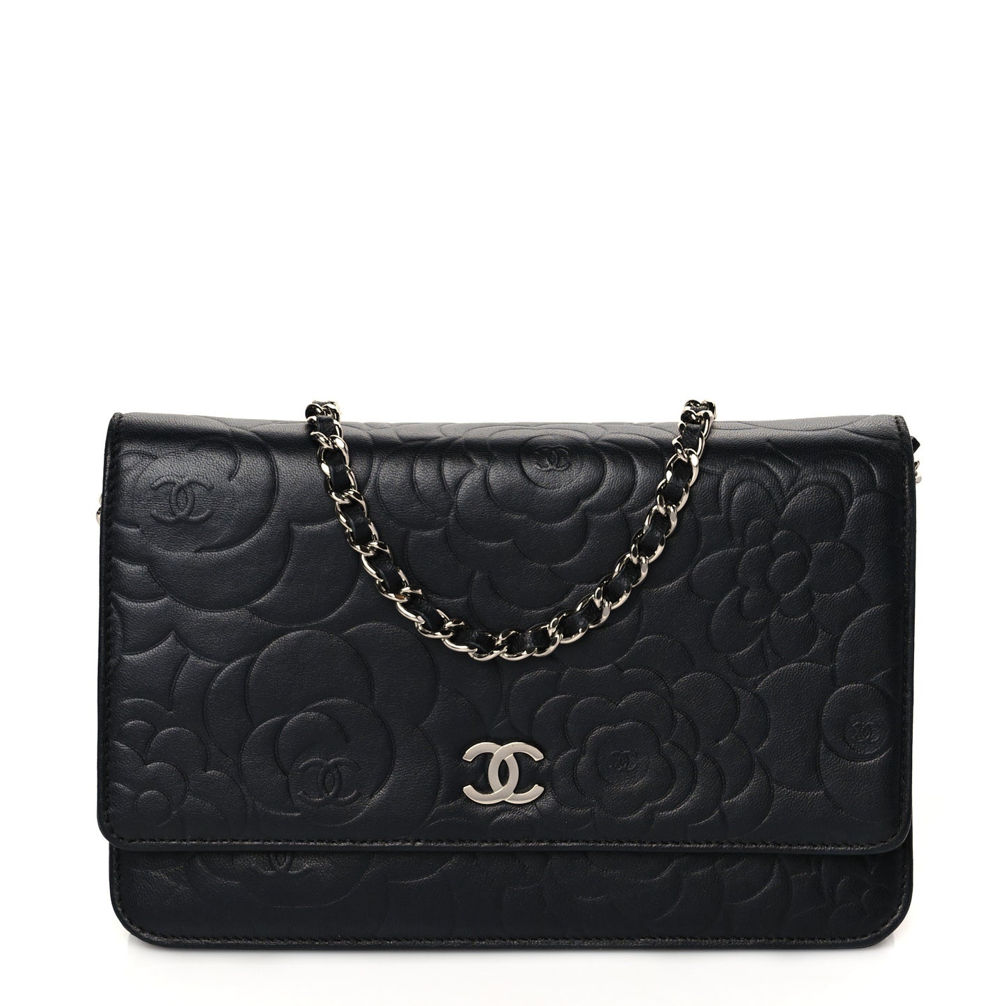Lambskin Camellia Embossed Wallet on Chain WOC Black