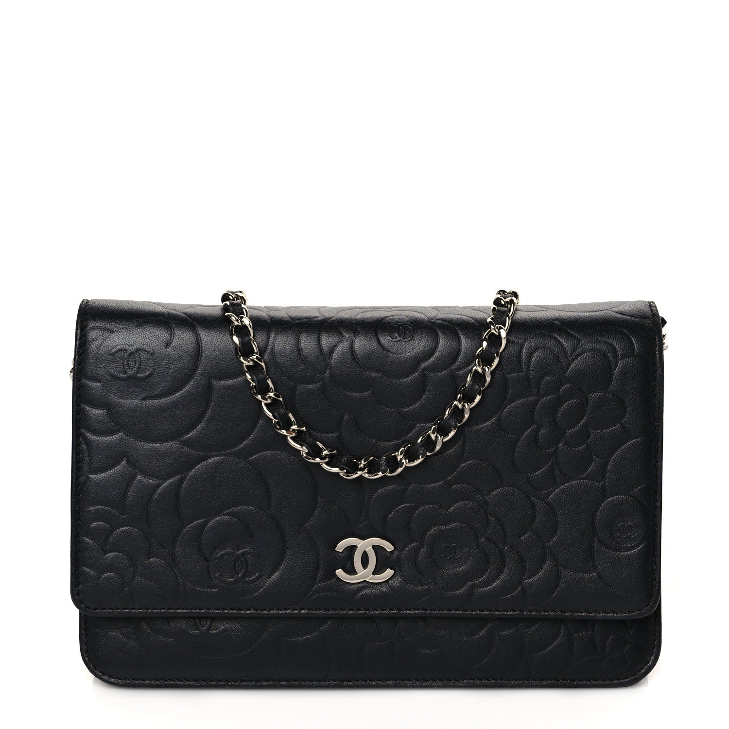 Chanel Lambskin Camellia Embossed Wallet on Chain WOC Black 1 of 11
