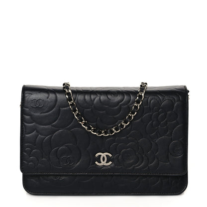 Chanel Lambskin Camellia Embossed Wallet on Chain WOC Black 1 of 11
