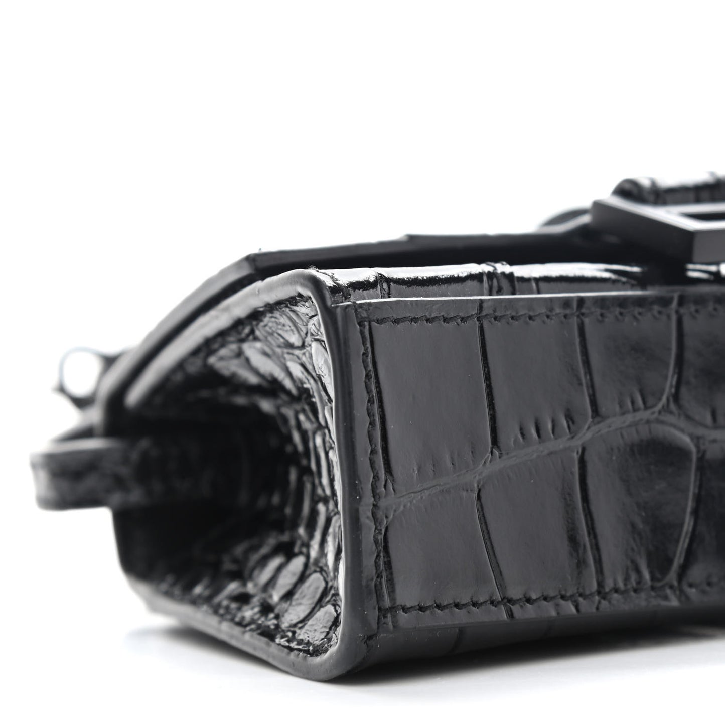 Shiny Calfskin Monochrome Crocodile Embossed Hourglass Top Handle Bag Mini Black