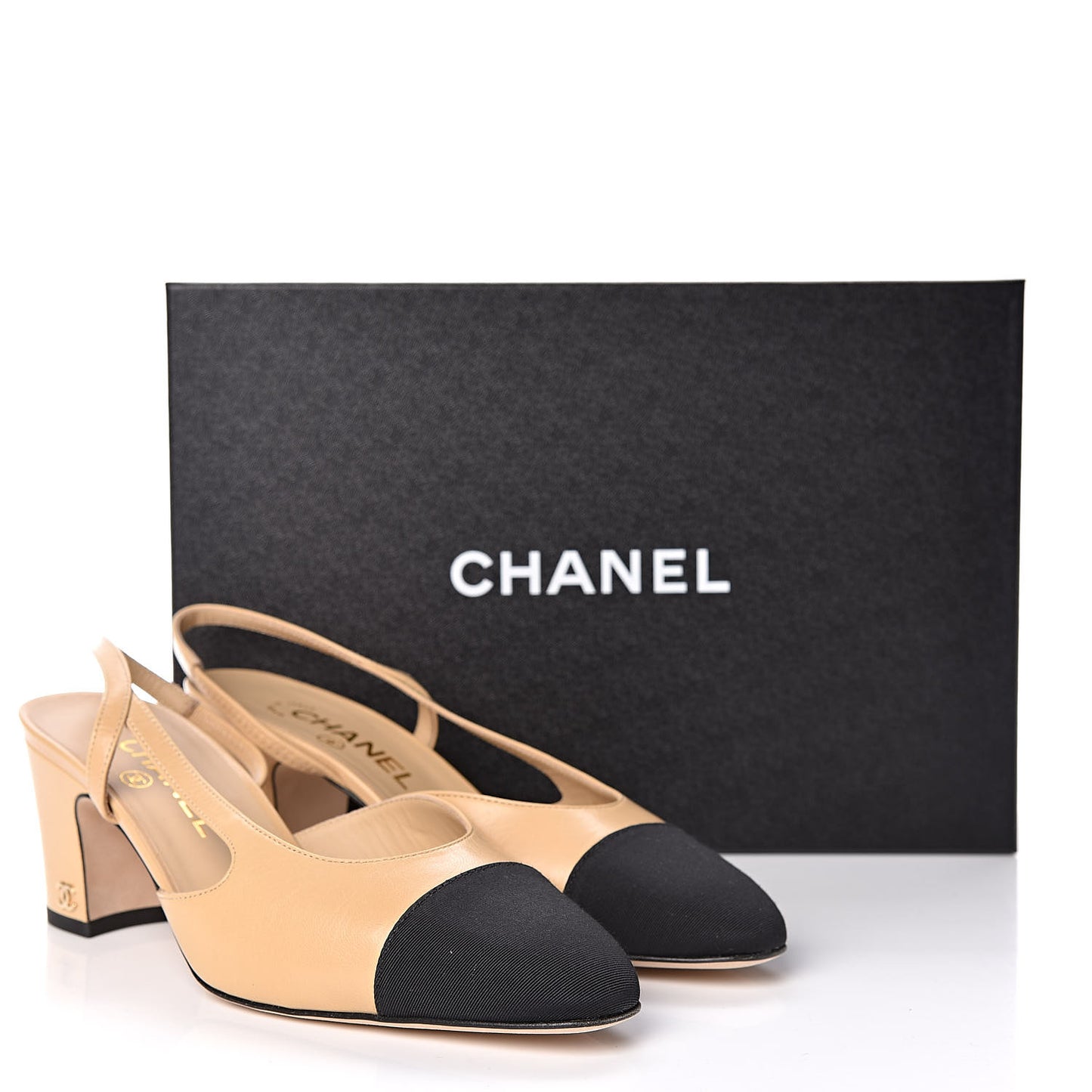 Goatskin Grosgrain Cap Toe CC Slingback Pumps 37.5 Beige Black