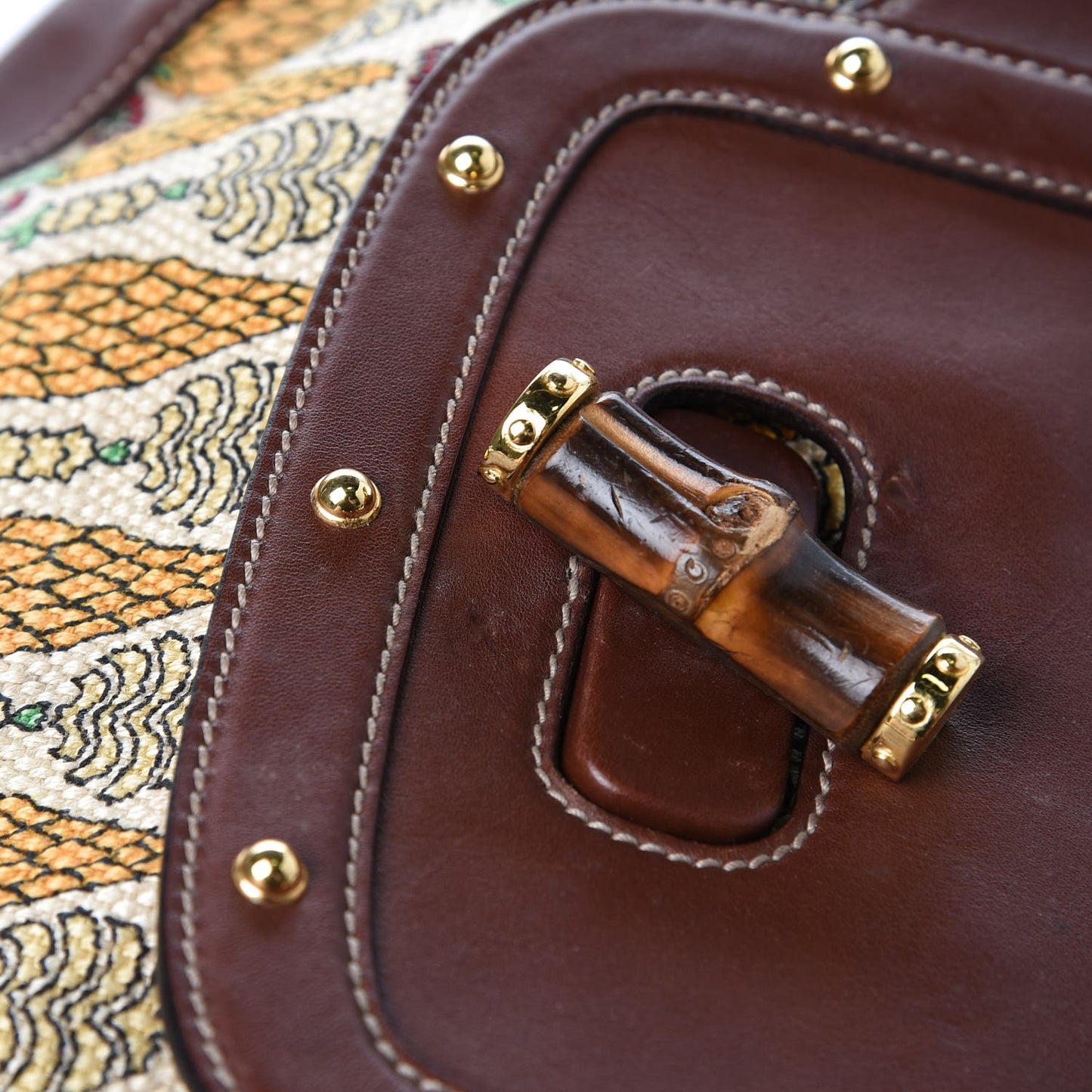 Canvas Pigna Print Peggy Bamboo Top Handle Bag Brown