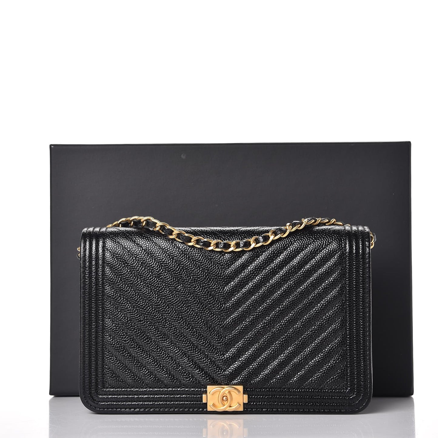 Caviar Chevron Quilted Boy Wallet On Chain WOC Black