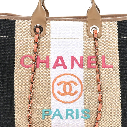 Chanel Straw Raffia Calfskin Striped Large Deauville Tote Black Beige Ivory 5 of 10