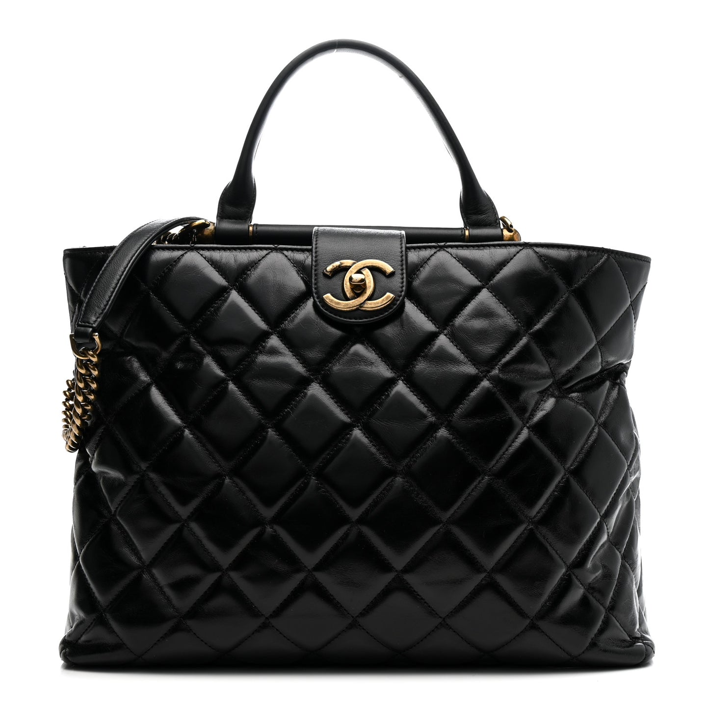 Glazed Calfskin Quilted Gold Bar Tote Black
