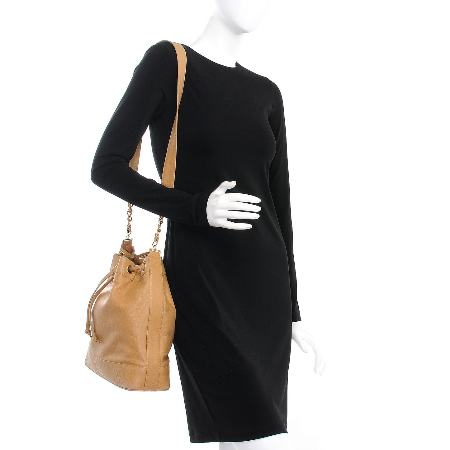 Caviar Drawstring Shoulder Bag Beige