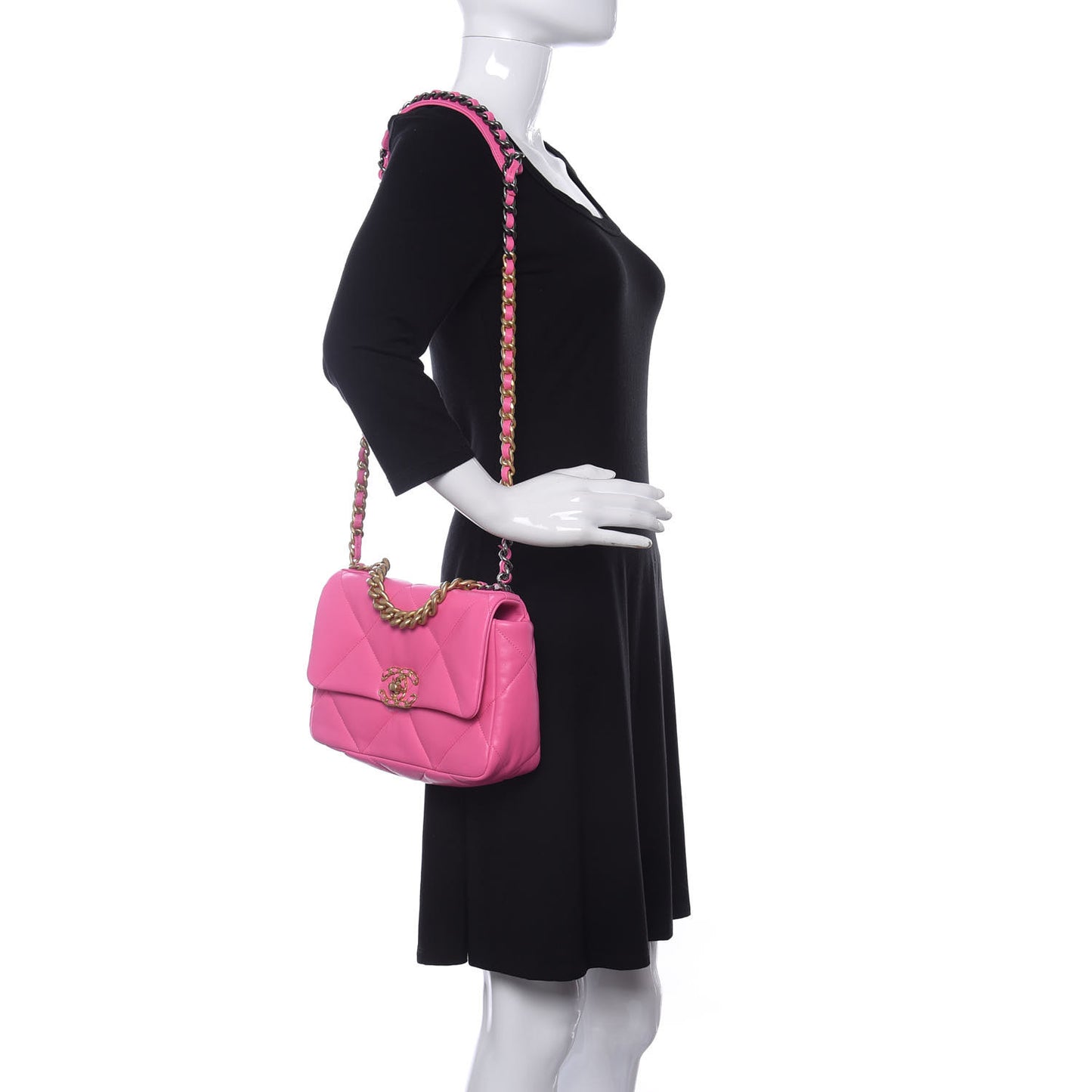 Shiny Lambskin Quilted Medium Chanel 19 Flap Neon Pink