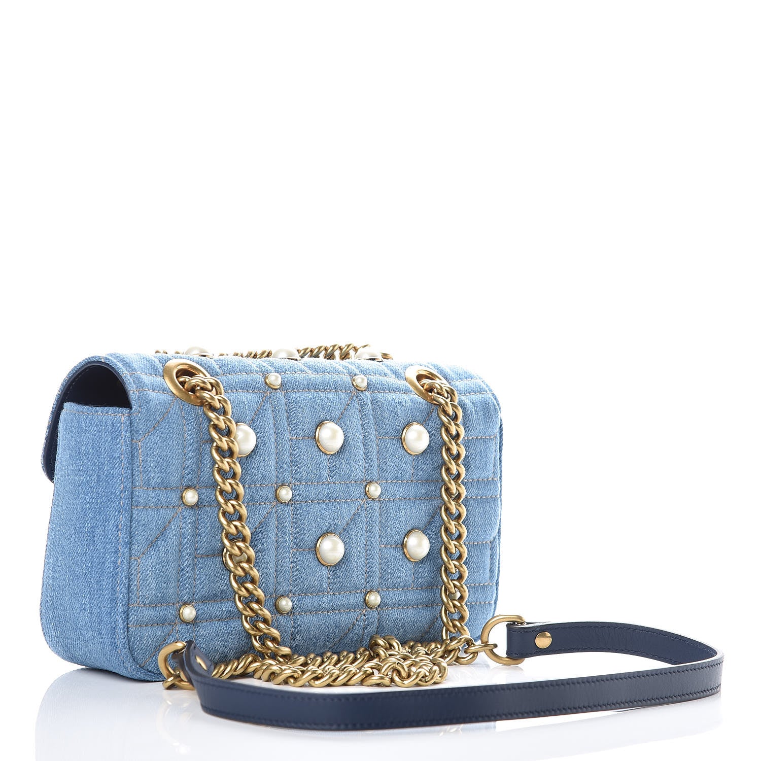 Gucci Denim Matelasse Pearl Studded Mini GG Marmont Shoulder Bag Blue 3 of 9