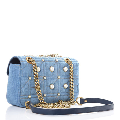Gucci Denim Matelasse Pearl Studded Mini GG Marmont Shoulder Bag Blue 3 of 9