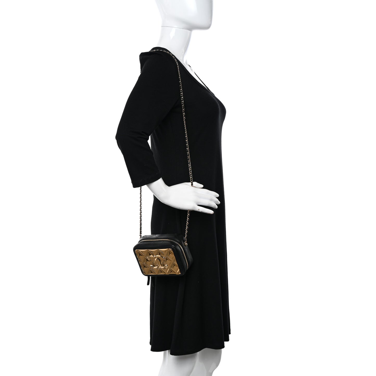 Lambskin Metal Quilted Mini Vanity Case With Chain Black Gold