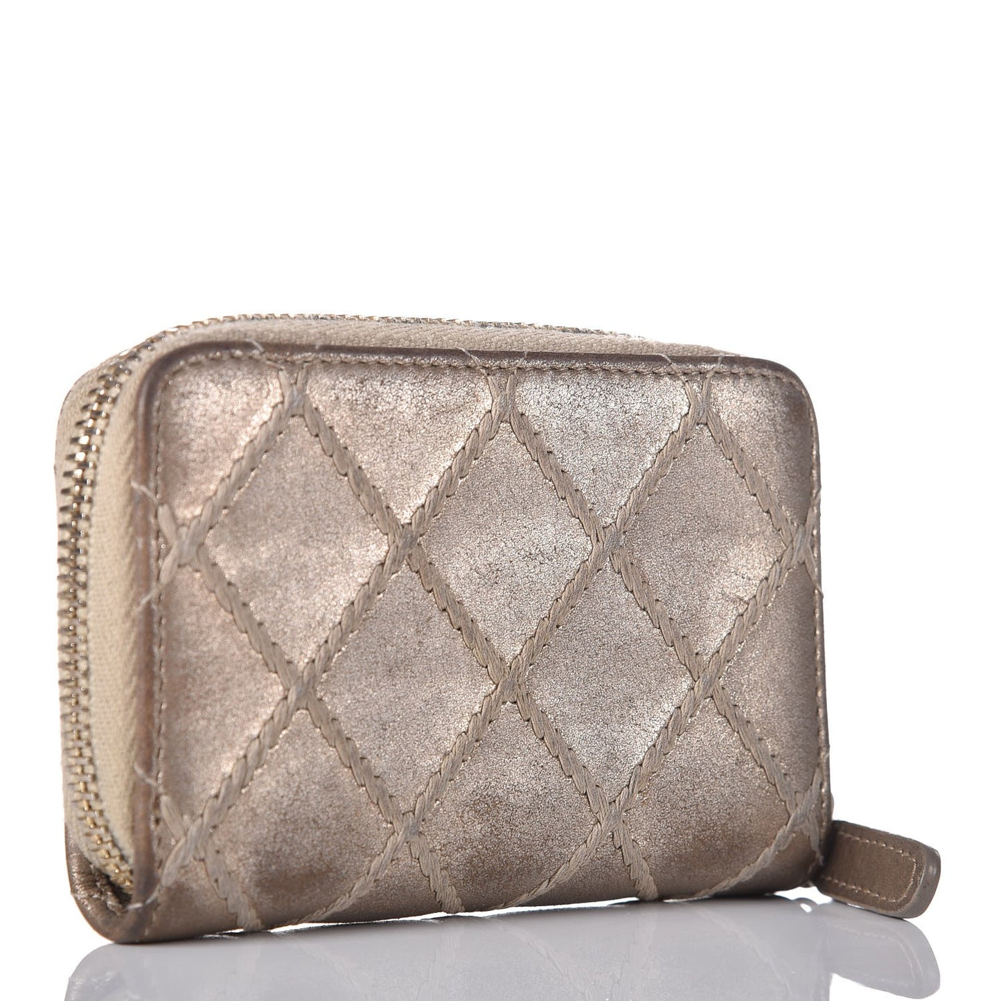 Metallic Lambskin Stitch Zip Coin Purse Gold