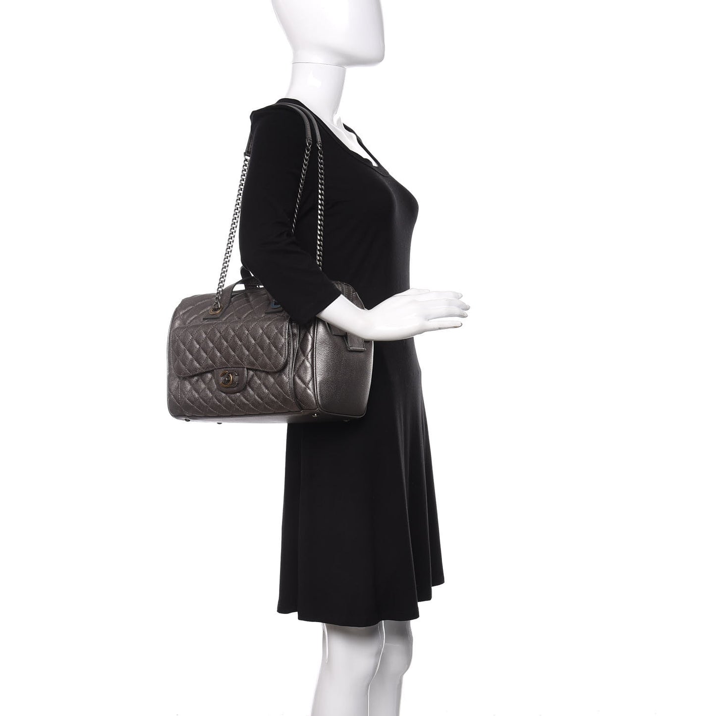Metallic Grained Calfskin Quilted Large Casual Pocket Bowling Bag Silver