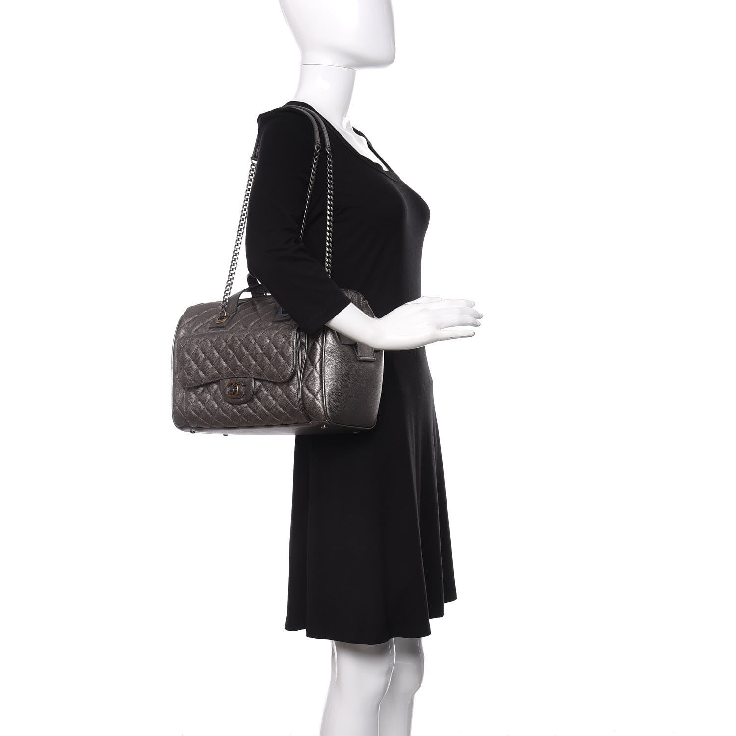 Chanel Metallic Grained Calfskin Quilted Large Casual Pocket Bowling Bag Silver 2 of 12