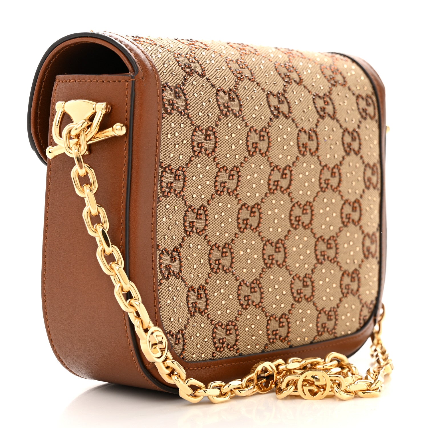 Gucci New Canvas Charisma Calfskin Crystal GG Monogram Mini Horsebit 1955 Shoulder Bag Camel Ebony 3 of 10