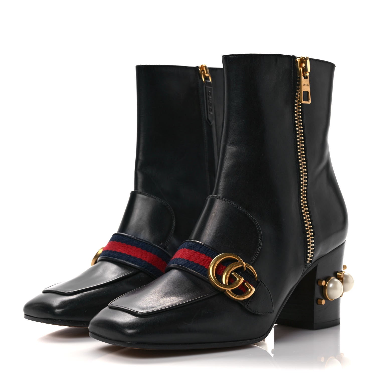 Gucci Betis Glamour Calfskin Web Pearl Embellished Peyton 75mm Ankle Boots 39.5 Black 3 of 10