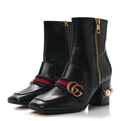 Gucci Betis Glamour Calfskin Web Pearl Embellished Peyton 75mm Ankle Boots 39.5 Black 3 of 10
