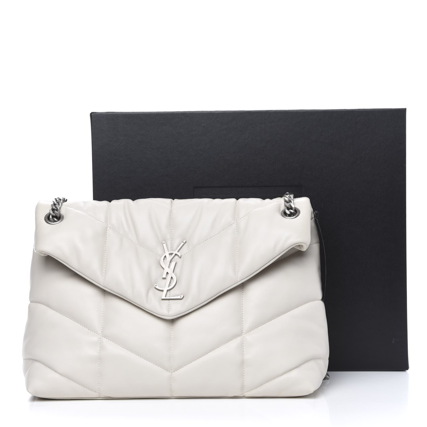 Saint Laurent Lambskin Quilted Medium Loulou Puffer Monogram Chain Satchel Blanc Vintage 11 of 11