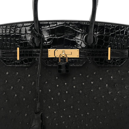 Hermes Ostrich Shiny Alligator Birkin Touch 30 Black 8 of 13