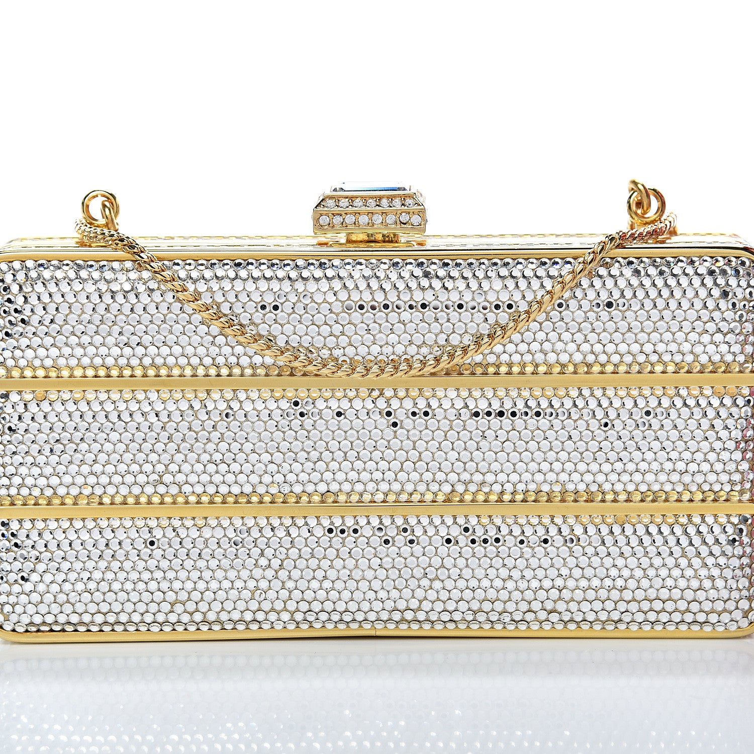 Judith Leiber Swarovski Crystal Striped Minaudiere Clutch Silver Gold 6 of 11