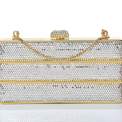 Judith Leiber Swarovski Crystal Striped Minaudiere Clutch Silver Gold 6 of 11