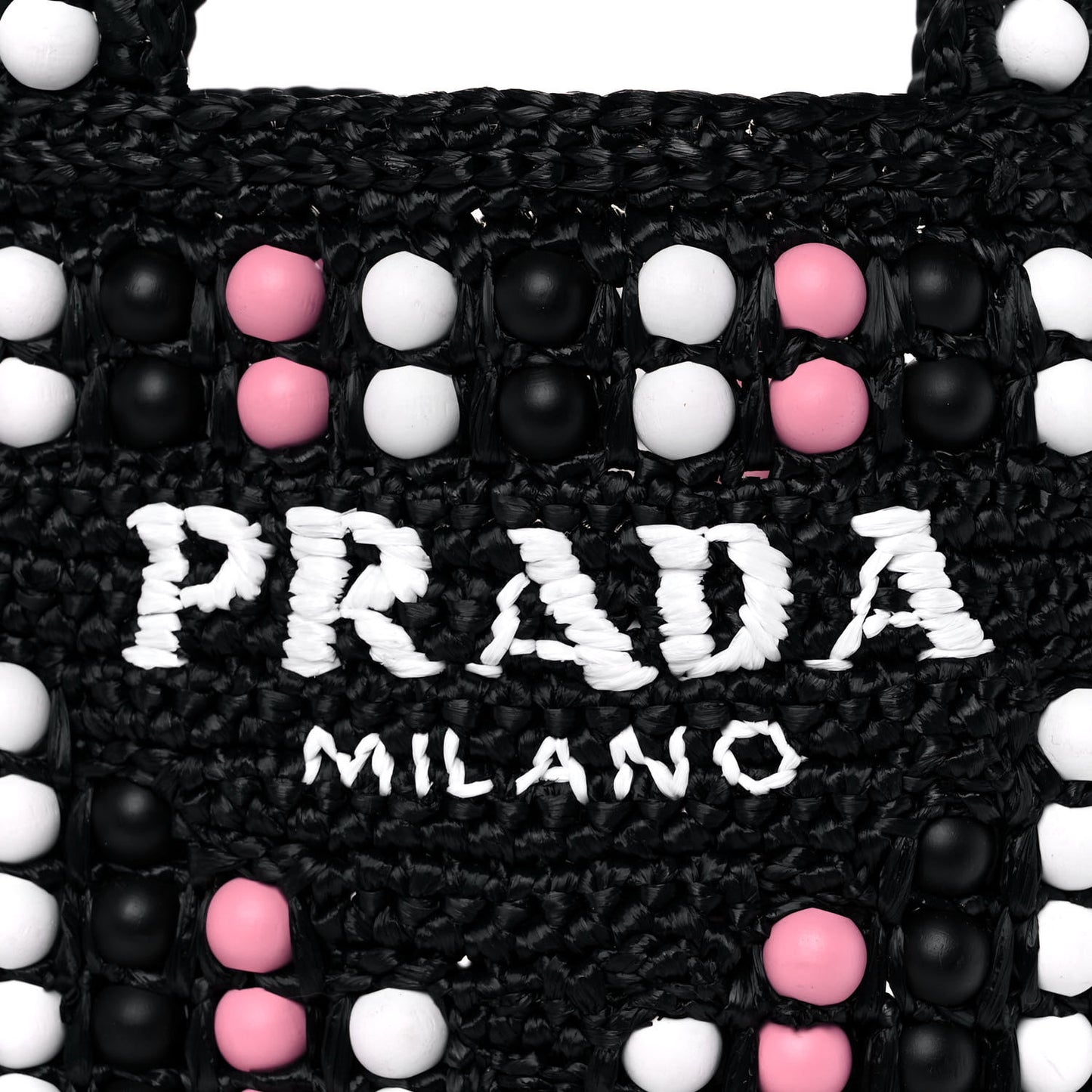 Raffia Wood Bead Embroidered Logo Tote Bag Black