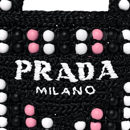 Prada Raffia Wood Bead Embroidered Logo Tote Bag Black 7 of 10