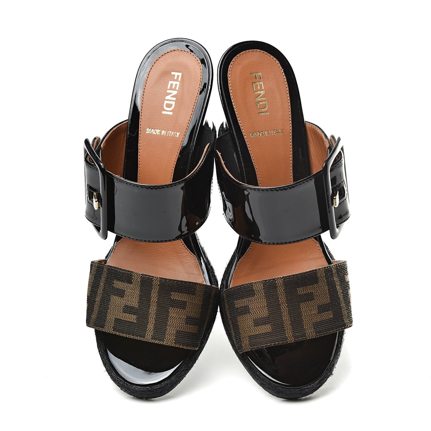 Patent Fabric FF Wedge Sandals 36 Tobacco Black