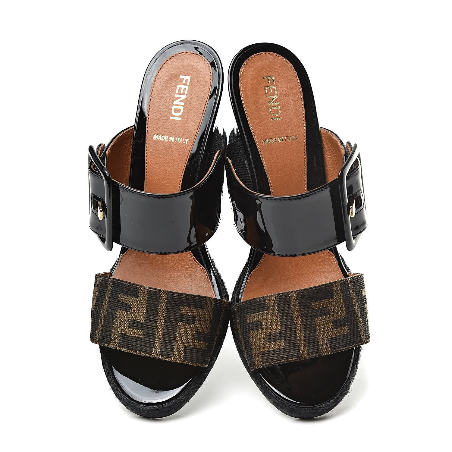 Fendi Patent Fabric FF Wedge Sandals 36 Tobacco Black 5 of 11