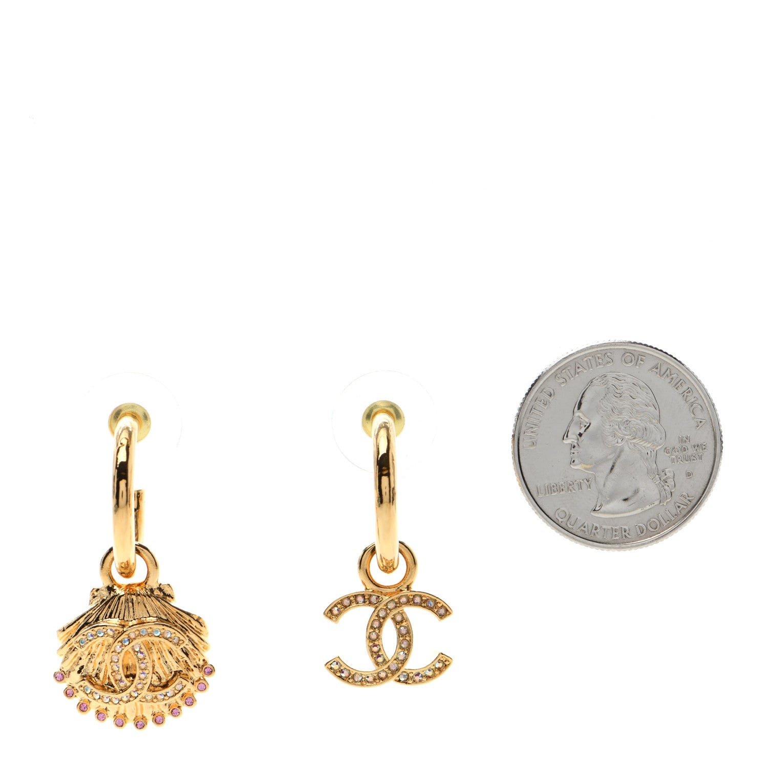 Chanel Metal CC Crystal Seashell Drop Earrings Gold 2 of 5