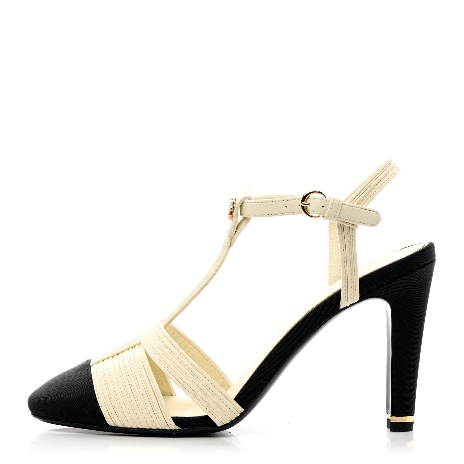 Chanel Lambskin Grosgrain Pearl CC Cap Toe Slingback Sandals 38 Ivory Black 1 of 11