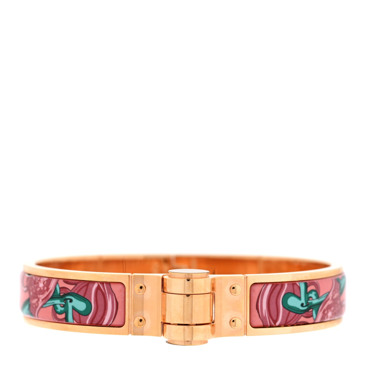 Hermes Enamel Printed Narrow Charniere Brides De Gala Hinged Bracelet M Rose Couture 1 of 4