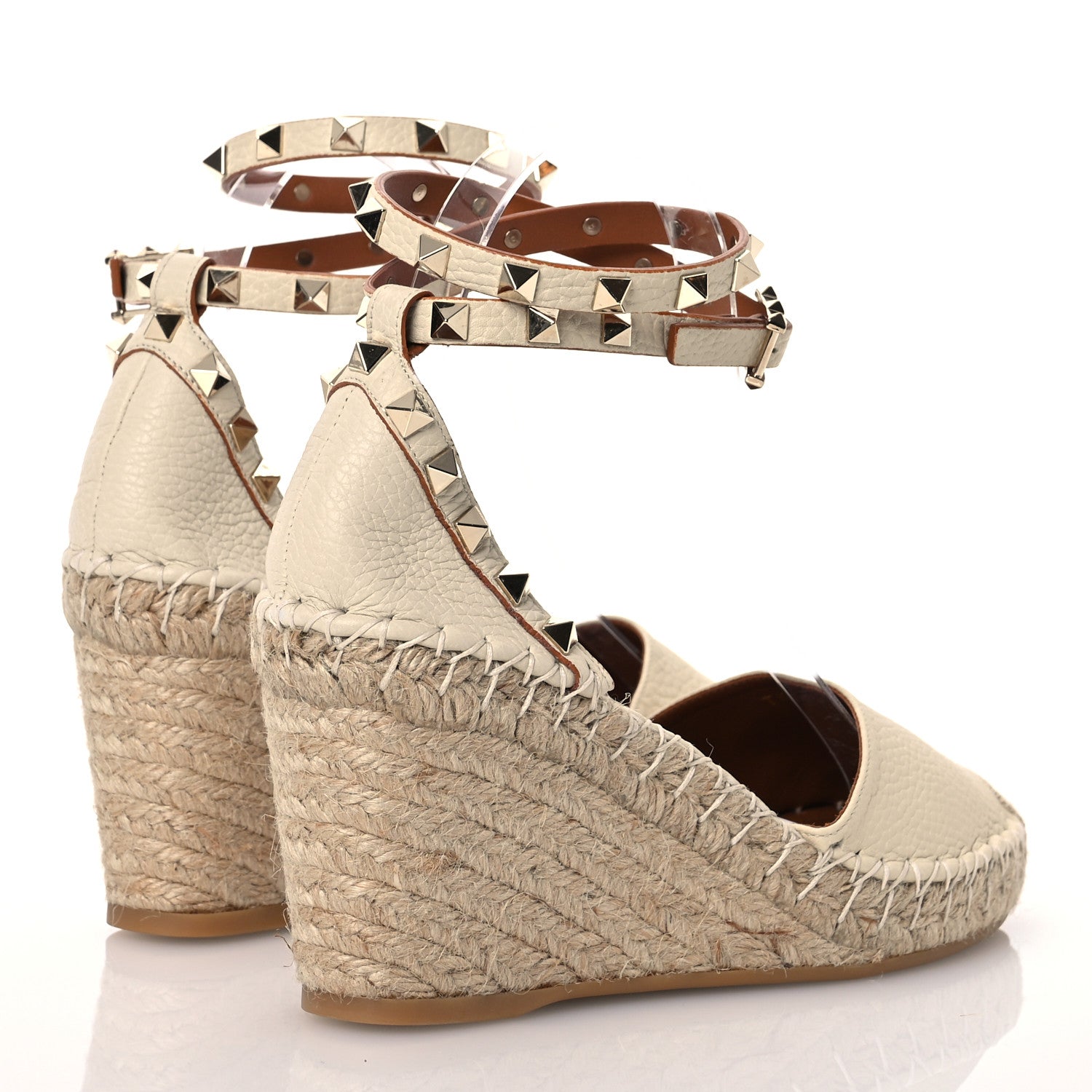 Valentino Garavani Grained Calfskin Rockstud Ankle Wrap Espadrille 15/85mm Wedges 38 Light Ivory 4 of 15