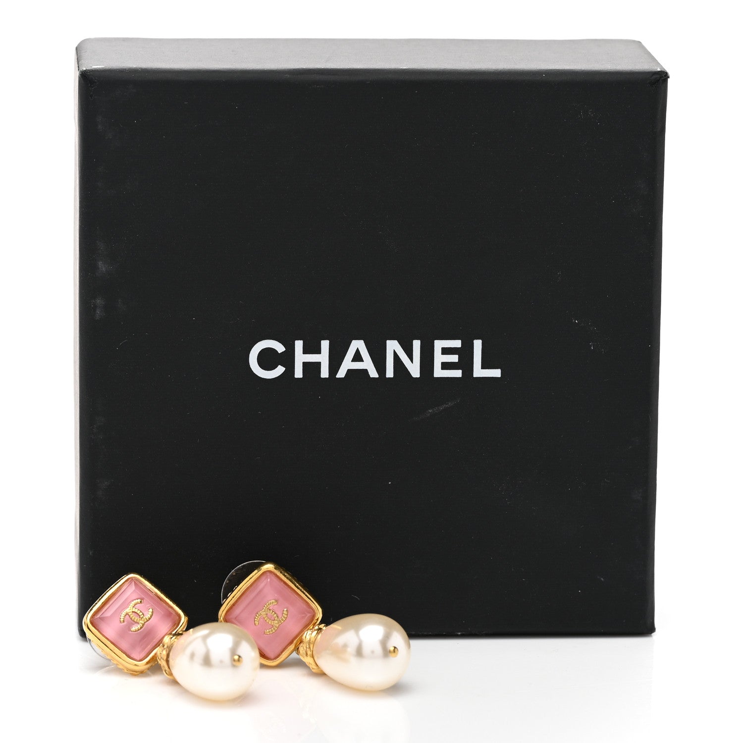 Chanel Pearl Enamel CC Square Drop Earrings Gold Pink 5 of 5